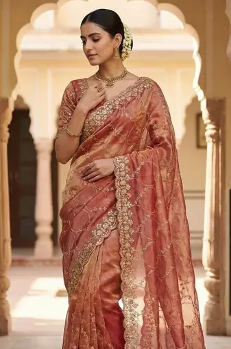 Peach Color Sequence Embroidery Work With Cut Work Border Silk Saree