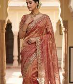 Peach Color Sequence Embroidery Work With Cut Work Border Silk Saree