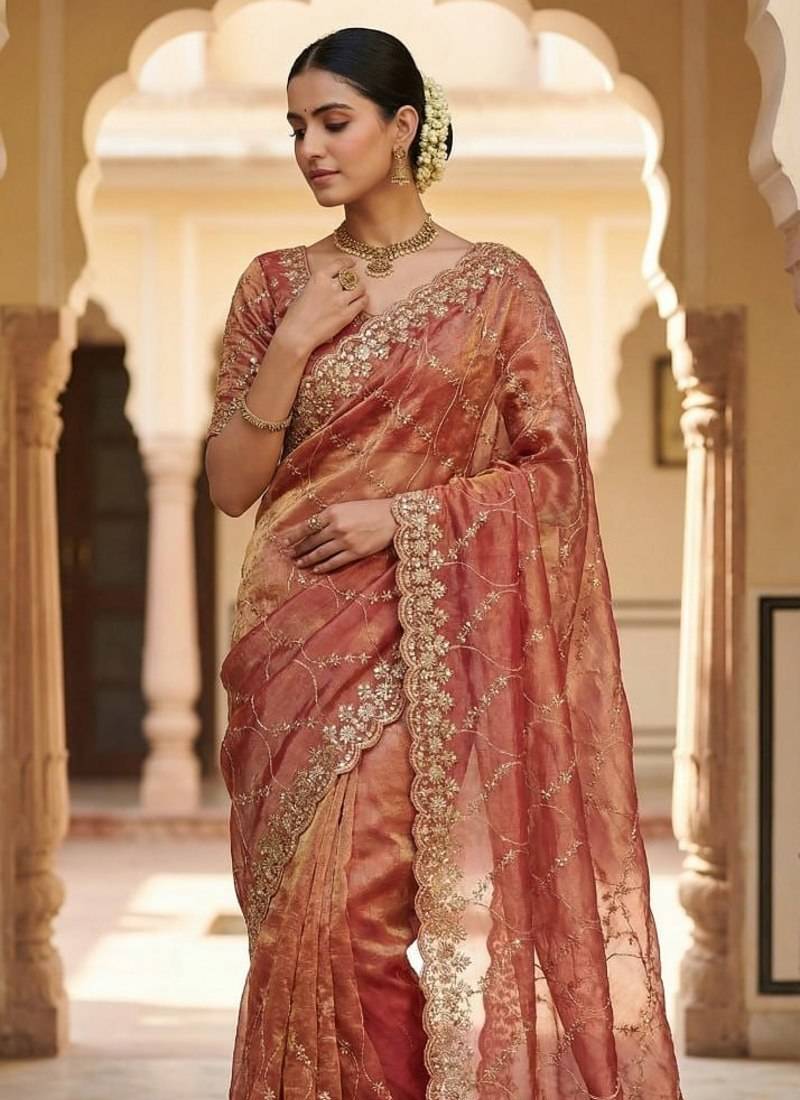 Peach Color Sequence Embroidery Work With Cut Work Border Silk Saree