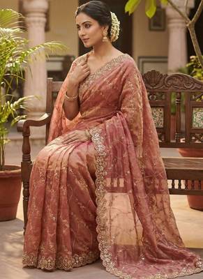 Peach Color Sequence Embroidery Work With Cut Work Border art silk saree 2