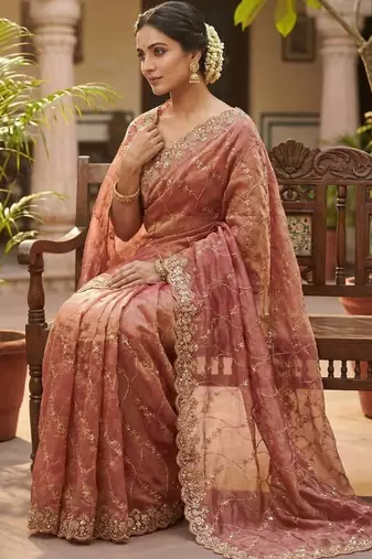 Peach Color Sequence Embroidery Work With Cut Work Border art silk saree