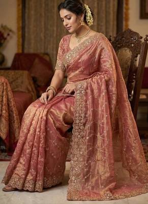 Peach Color Sequence Embroidery Work With Cut Work Border art silk saree 3