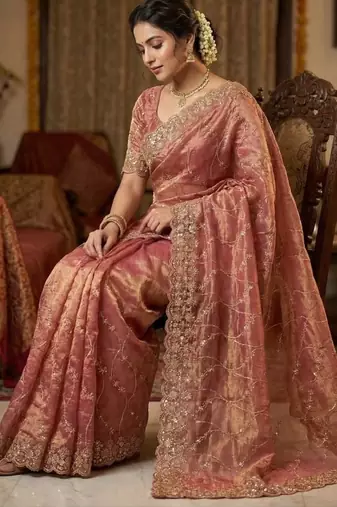 Peach Color Sequence Embroidery Work With Cut Work Border art silk saree
