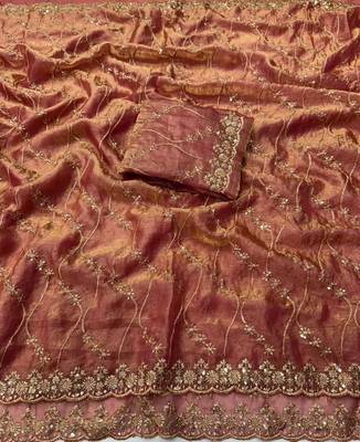 Peach Color Sequence Embroidery Work With Cut Work Border art silk saree 4