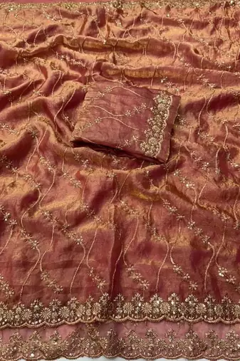 Peach Color Sequence Embroidery Work With Cut Work Border art silk saree