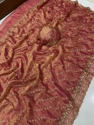Peach Color Sequence Embroidery Work With Cut Work Border art silk saree 5