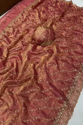 Peach Color Sequence Embroidery Work With Cut Work Border art silk saree