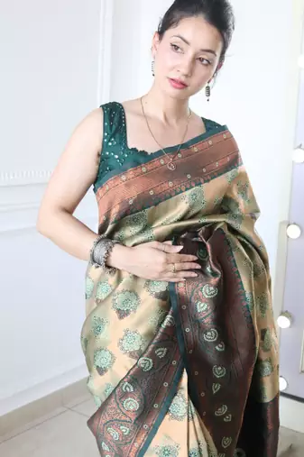 ethnic light green self design art silk jacquard saree with unstitched blouse