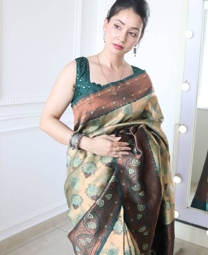 ethnic light green self design art silk jacquard saree with unstitched blouse