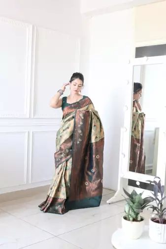 ethnic light green self design art silk jacquard saree with unstitched blouse