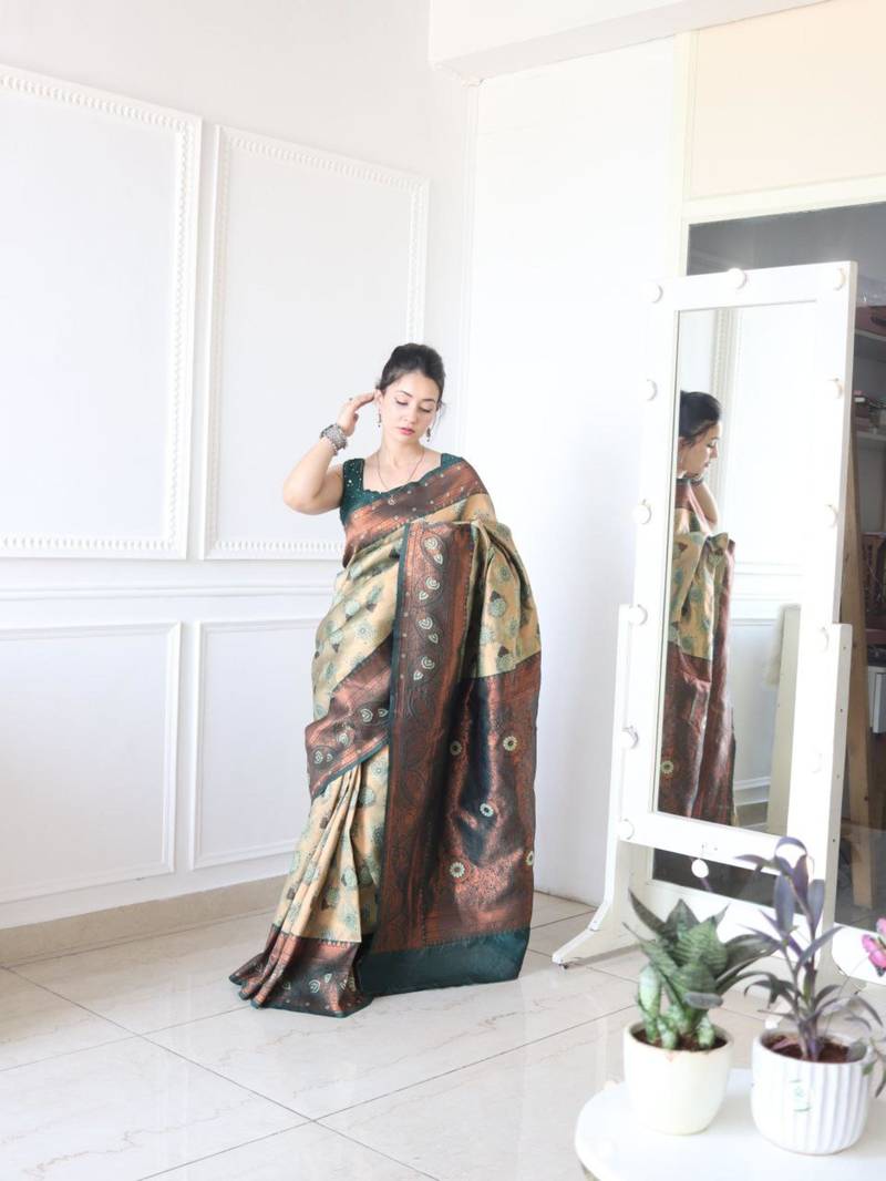 ethnic light green self design art silk jacquard saree with unstitched blouse