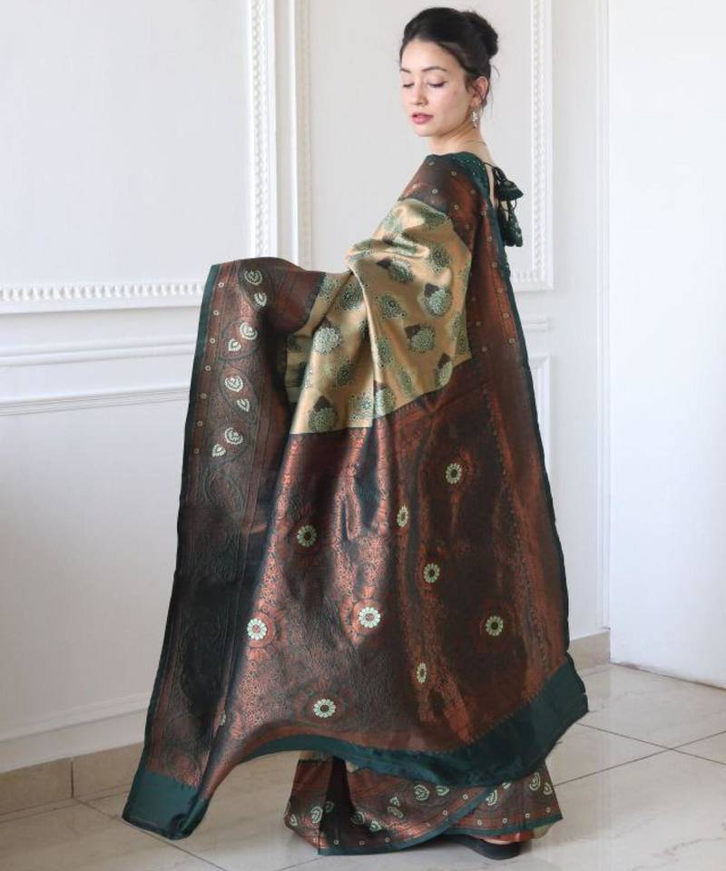 ethnic light green self design art silk jacquard saree with unstitched blouse