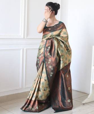 ethnic light green self design art silk jacquard saree with unstitched blouse 1