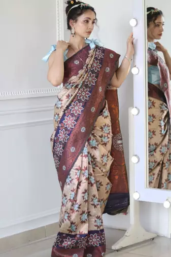 trendy navy blue woven cotton silk kerala saree with unstitched blouse