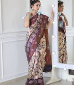 trendy navy blue woven cotton silk kerala saree with unstitched blouse