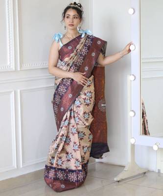  navy blue woven cotton silk kerala saree with unstitched blouse 2