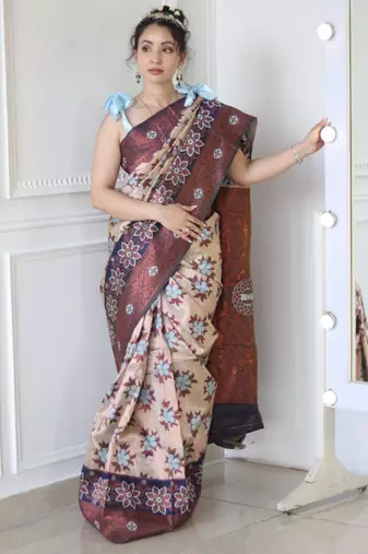  navy blue woven cotton silk kerala saree with unstitched blouse