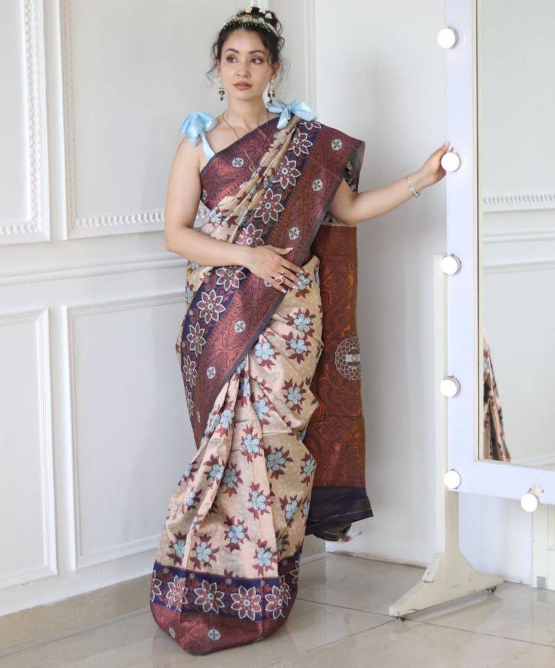 trendy navy blue woven cotton silk kerala saree with unstitched blouse