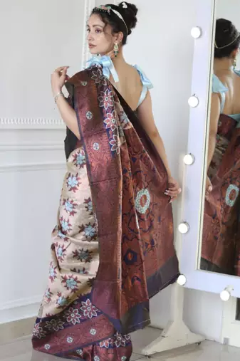  navy blue woven cotton silk kerala saree with unstitched blouse