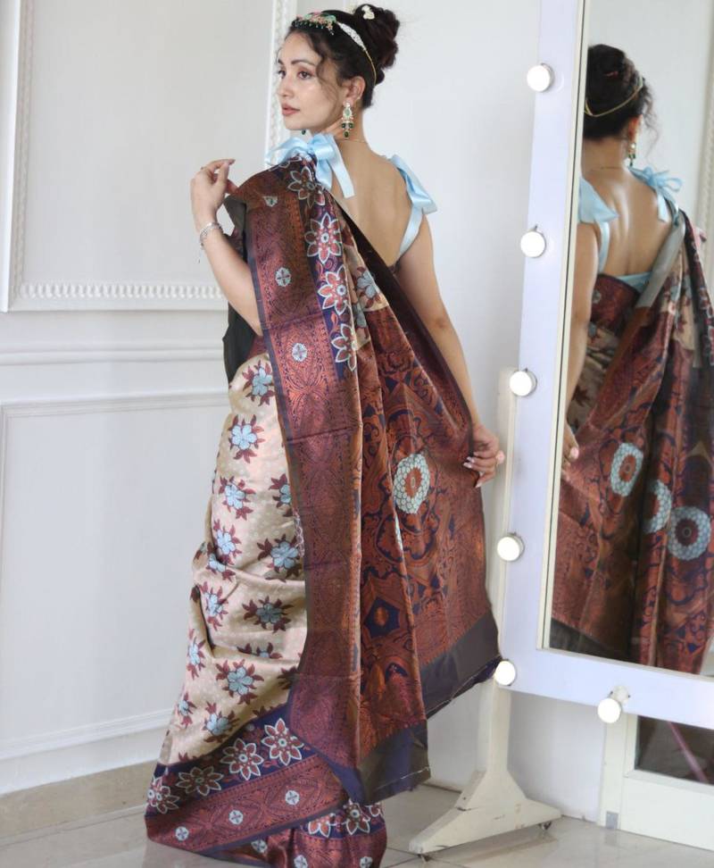 trendy navy blue woven cotton silk kerala saree with unstitched blouse