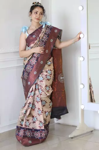  navy blue woven cotton silk kerala saree with unstitched blouse