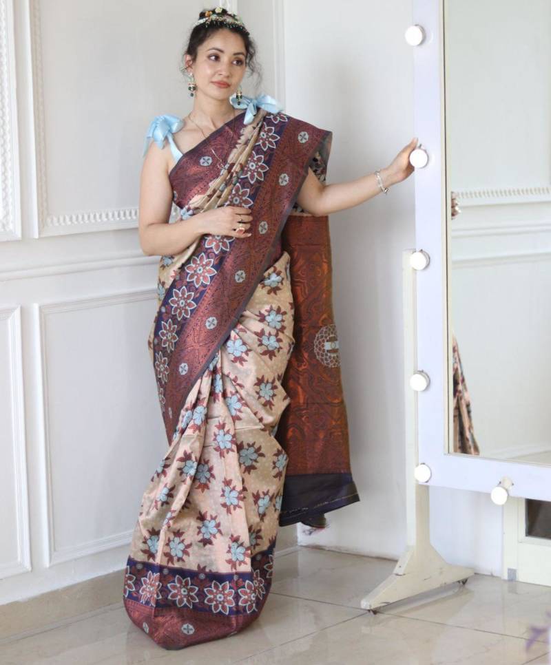 trendy navy blue woven cotton silk kerala saree with unstitched blouse