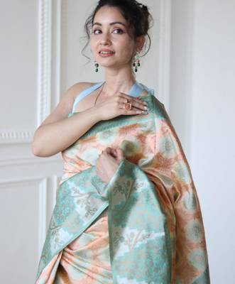 elegance peach banarasi art silk all seasons saree with unstitched blouse 2