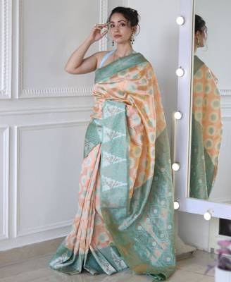 elegance peach banarasi art silk all seasons saree with unstitched blouse 1