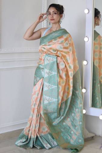 elegance peach banarasi art silk all seasons saree with unstitched blouse
