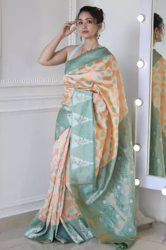 elegance peach banarasi art silk all seasons saree with unstitched blouse