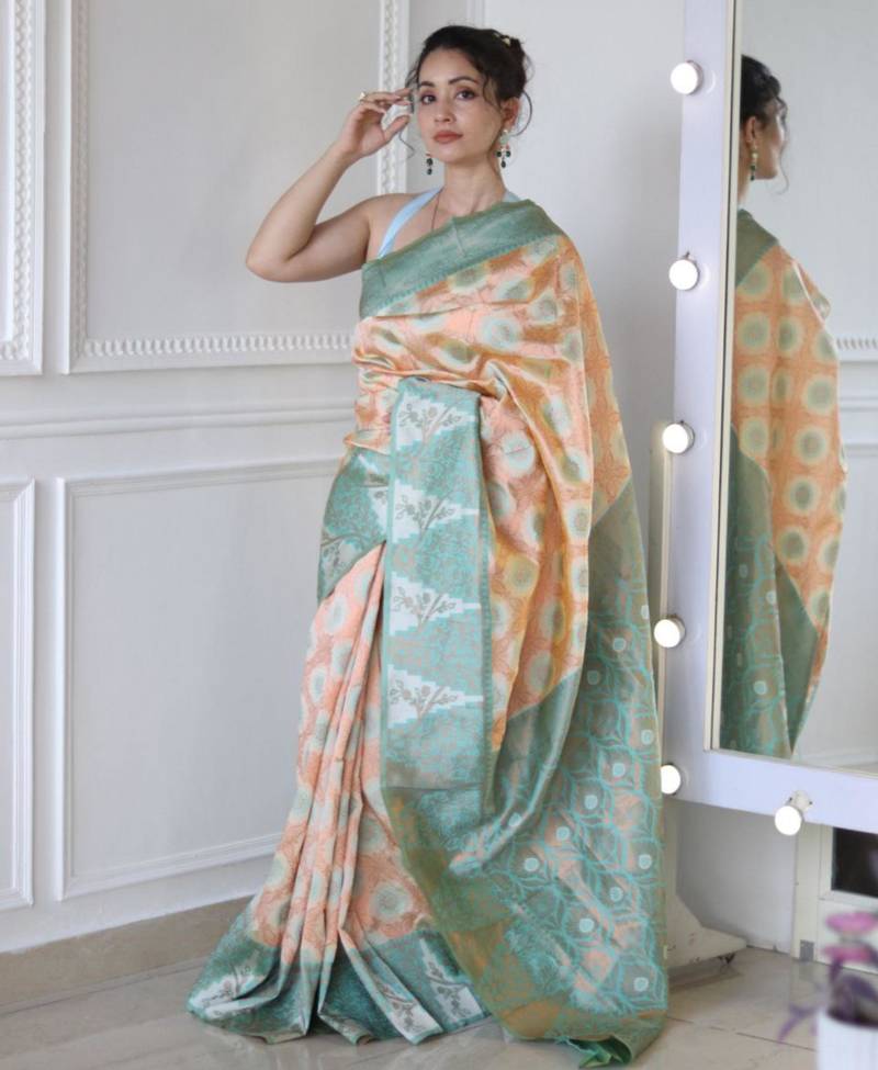 elegance peach banarasi art silk all seasons saree with unstitched blouse