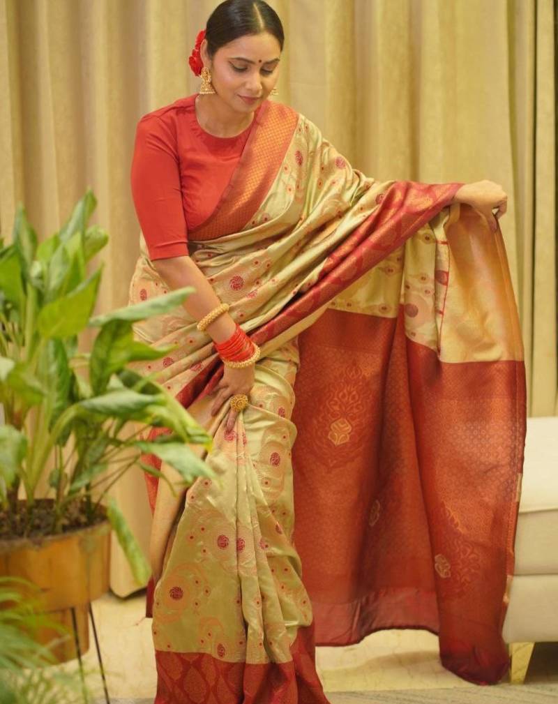 traditional jacquard chiku self design south silk fancy saree with unstitched blouse