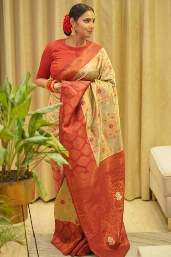 traditional jacquard chiku self design south silk fancy saree with unstitched blouse