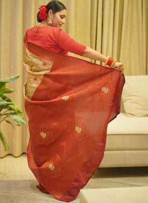  jacquard chiku self design south silk fancy saree with unstitched blouse 4