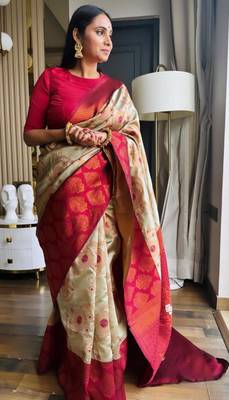celebrity inspired cream woven pure art silk gift saree with unstitched blouse 1