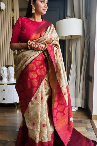 celebrity inspired cream woven pure art silk gift saree with unstitched blouse