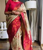 celebrity inspired cream woven pure art silk gift saree with unstitched blouse