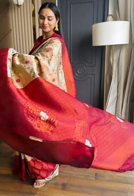 celebrity inspired cream woven pure art silk gift saree with unstitched blouse 2