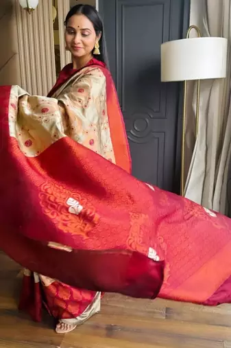 celebrity inspired cream woven pure art silk gift saree with unstitched blouse