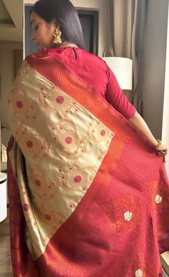 celebrity inspired cream woven pure art silk gift saree with unstitched blouse 4