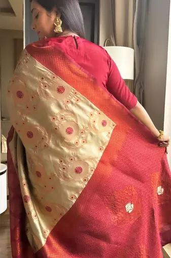 celebrity inspired cream woven pure art silk gift saree with unstitched blouse