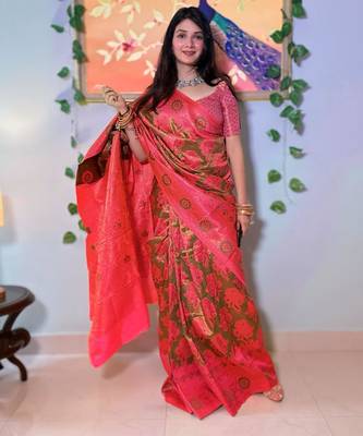 kanjivaram mehendi resham thread cotton silk kerala saree with unstitched blouse 1