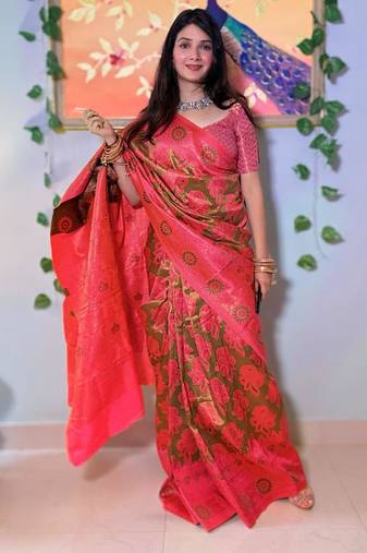 kanjivaram mehendi resham thread cotton silk kerala saree with unstitched blouse