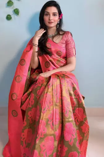 kanjivaram mehendi resham thread cotton silk kerala saree with unstitched blouse