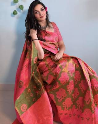kanjivaram mehendi resham thread cotton silk kerala saree with unstitched blouse 4