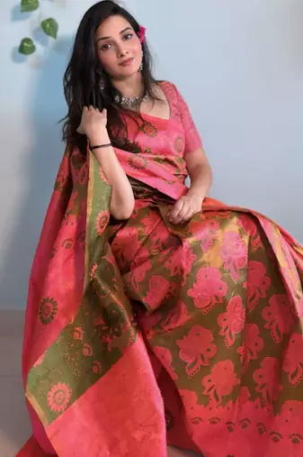 kanjivaram mehendi resham thread cotton silk kerala saree with unstitched blouse
