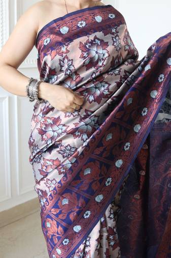 celebrity type navy blue self design art silk blend light weight saree with unstitched blouse