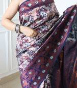 celebrity type navy blue self design art silk blend light weight saree with unstitched blouse
