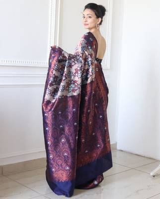celebrity type navy blue self design art silk blend light weight saree with unstitched blouse 3