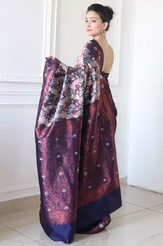 celebrity type navy blue self design art silk blend light weight saree with unstitched blouse